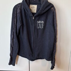 Hollister Women Size Large Vintage Full Zip Y2K California Navy Blue Hoodie Lace